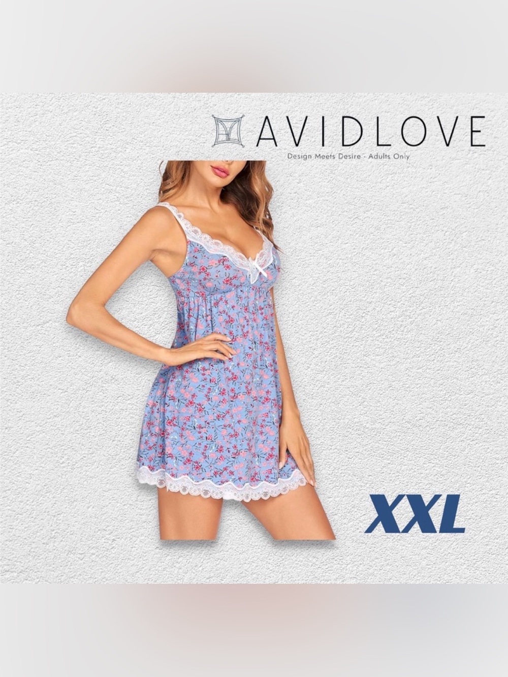 ⬇️🇨🇳👍GUC AVIDLOVE | XXL| Blue Floral Lace Trim V-Neck Babydoll Nightgown